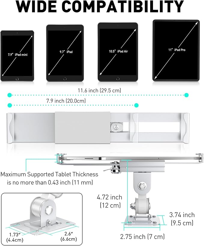 AboveTEK Tablet Wall Mount -360° Rotation iPad Wall Holder for Retail & Business, Anti Theft iPads Stand Fits 7"-11" Tablets Including iPad Pro/Air/Mini, Galaxy Tab - Security Lock & Key - (Silver)