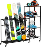 Heavy-Duty Freestanding Snowboard Rack & Snowboard Storage Rack with Wheels – Holds 4 Pairs of Skis, 3 Snowboards, Boots, Poles, Helmets & More Ski Sports Equipment – Ideal for Garage, Basement, Shed