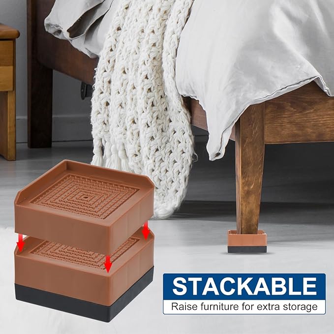 uxcell Furniture Risers 4.3 Inch, 4Pcs Square Bed Risers Adjustable Couch Lifter Block for Extender for Bed Desk Sofa Table Lift Support Up to 1300Lbs, Brown