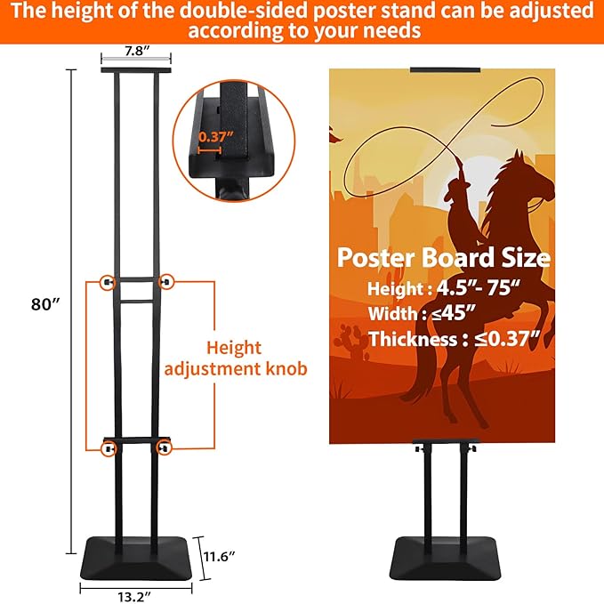 Poster Stand Heavy Duty - Double-Sided Pedestal Poster Stands for Display, Adjustable Metal Poster Board Stand Height Up to 80", Outdoor Floor Standing Sign Holder for Banner Foam, 1 Pack