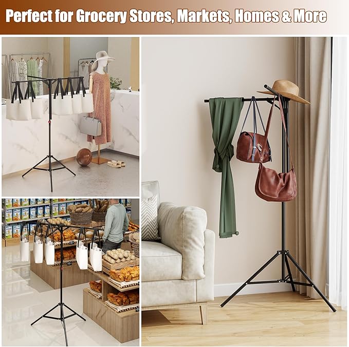 Shopping Bag Rack, Adjustable Height Store Grocery Bags Holder, Foldable Stable Base Bag Display Rack for Supermarket, Boutique, Trade Show & Home Storage