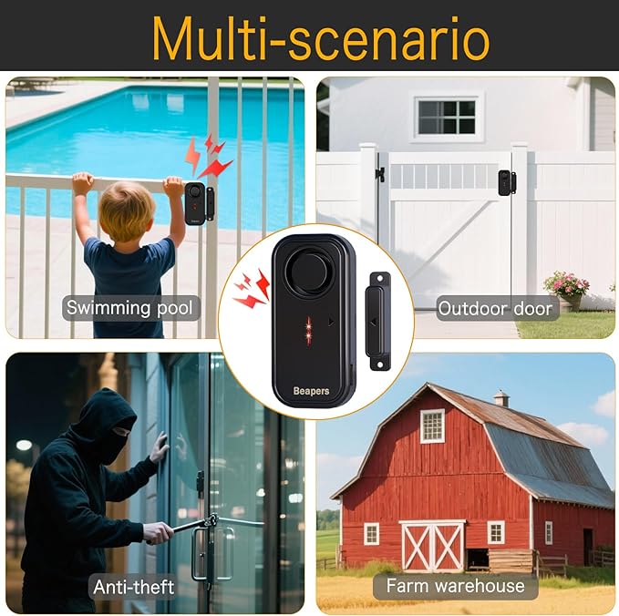 Personal Security Waterproof Door/Window Alarm - IP66 Waterproof with Remote Control, 113dB, Alarm/Doorbell Mode, Upgraded door gap spacing - Indoor/Outdoor Anti-Theft (1 Main Unit & 1 Remote Control)