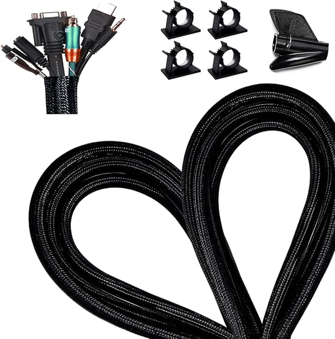 13 1/8ft -5/8Inch Cable Management Sleeve Split Black Cord Protectors Cat Dog Pet Proof - Braided Self-Closing Wire Loom Tubing for Desk PC/TV/Computer/Home Theater/Engine Bay Wire Organizing