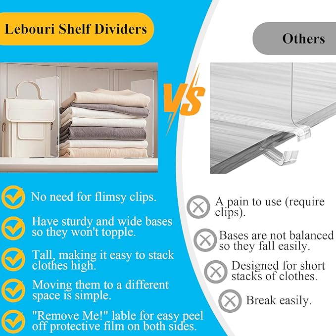 Shelf Dividers for Closet Organization: Acrylic Shelf Dividers for Clothes Sweater Purse - Clear Closet Organizers and Storage Separators for Shelves, 12Pack