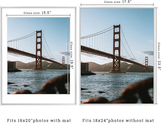 Frametory, 18x24 Metal Picture Frame with Mat for 16x20 Picture & Real Glass, Aluminum Photo Frame Collection (Silver, 1 Pack)
