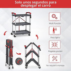 3-Tier Foldable Utility Cart with Wheels, Portable Rolling Storage Trolley, 167 lbs Load Capacity, No-Assembly Organizer for Office, Home, Garage, Restaurant, and Warehouse, Grey