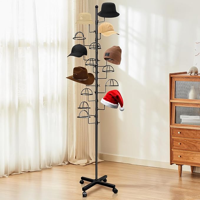 Montex Freestanding Hat Rack Stand, Metal Hat Organizer Rack with 15 Customisable Circular Hooks, Hats Tree Stand Floor Standing Hat Display, Black