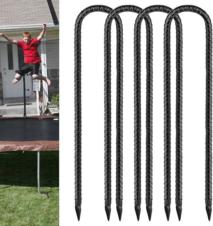 Rebar U Stakes 12 Inch - 4 Pack Black Galvanized Steel Heavy Duty Ground Anchors for Trampoline,Tent,Tarp,Soccer Goal,Garden Stake & Yard Art