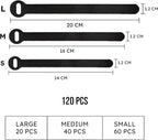 120 PCS 5/6/8 Inch Cord Wraps for Charging Cords – Data Cable Organizer Ties – Reusable Cable Ties – Electrical Wire Straps, Black