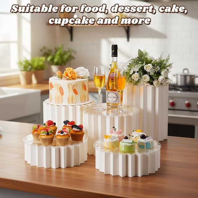 Capoda 5 Pieces Large Buffet Risers - 12" Foldable Food Display Risers, Multi-Height Cardboard Cylinder Stands with Acrylic Plates for Party Table Dessert Cupcake Catering Supplies(White)