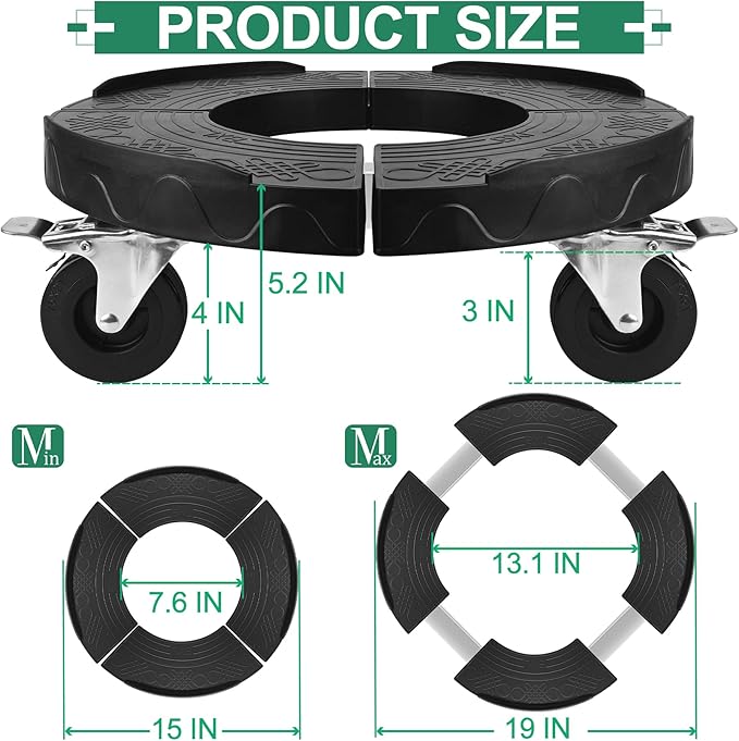 ToLanbbt Trash Can Dollies with 3 in Upgraded Wheels, 15-19 in Adjustable Round Furniture Dollies Heavy Duty 480 LBS Drum Rolling Base Keg Carts for 20, 32, 44, 55 Gallon Garbage Cans, Black, 2 PCS