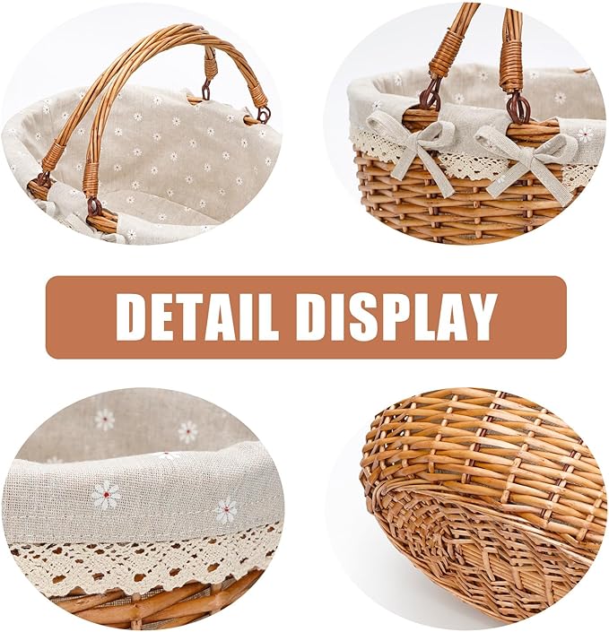 G GOOD GAIN Wicker Picnic Basket with Double Folding Handles,Willow Picnic Hamper,Natural Hand Woven Easter Basket,Easter Eggs and Candy Basket,Bath Storage,Gift Packing Basket.White