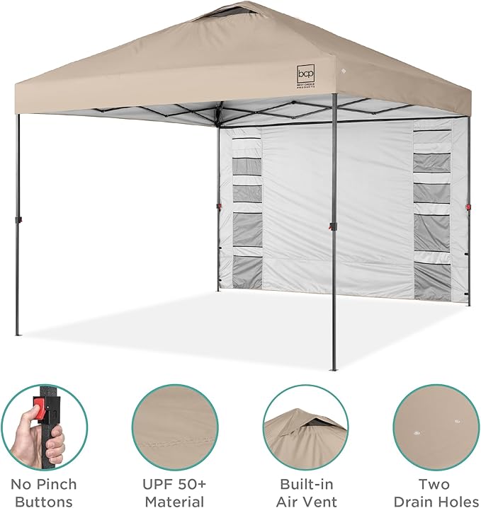 Best Choice Products 10x10ft Easy Pop Up Canopy w/Side Wall, 10 Pockets, Portable Carrying Case, 1-Button Setup, 4 Weight Bags - Sand