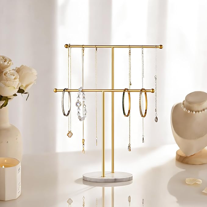 pickpiff Necklace Holder Stand: 2 Tier Jewelry Organizer with Marble Base, Gold Jewelry Tree Display for Bracelets, Rings, Earrings, Gold and White