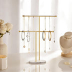 pickpiff Necklace Holder Stand: 2 Tier Jewelry Organizer with Marble Base, Gold Jewelry Tree Display for Bracelets, Rings, Earrings, Gold and White