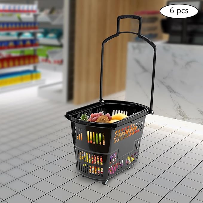 6PCS Shopping Carts,35L Shopping Basket with Wheels and Handle,Portable Plastic Rolling Sho-pping Basket for Retail Store (Black)