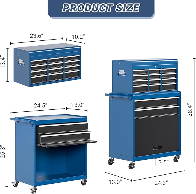 8-Drawer Tool Chest, Rolling Tool Storage Cabinet with Enhanced Packaging, Detachable Top Tool Box with Tray Divider, Liners, Metal Tool Cart for Garage Workshop, Blue