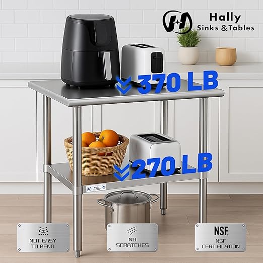 Hally Stainless Steel Table for Prep & Work 24 x 18 Inches, NSF Commercial Heavy Duty Table with Undershelf and Galvanized Legs for Restaurant, Home and Hotel