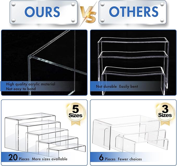 Aheroi Acrylic Risers, 20 Pcs 4 Set Display Stands, Clear Rectangular Risers for Decor, Cupcake Funko, Shoe Display (1-3-4-5-6IN)