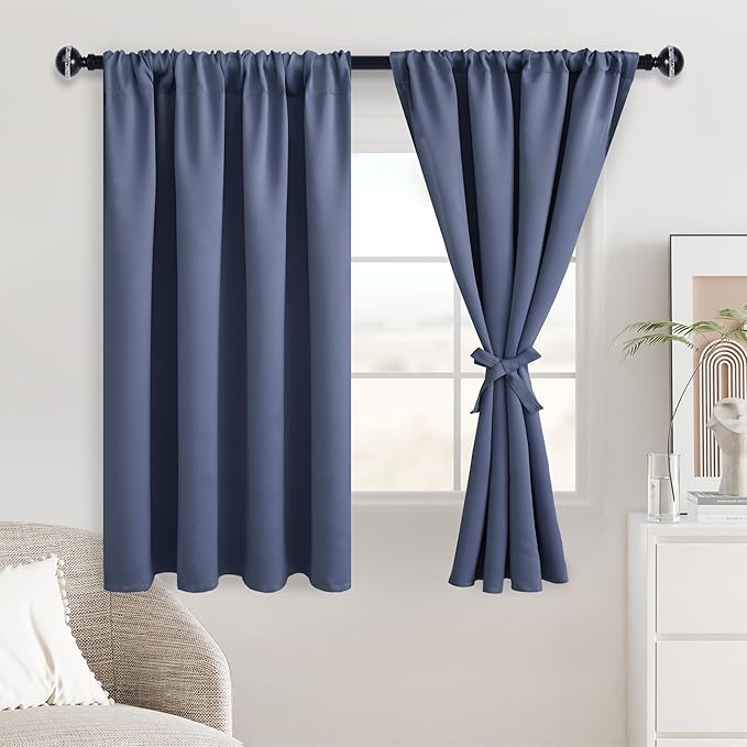 JIUZHEN Dusty Blue Blackout Curtains for Bedroom - Thermal Insulated Room Darkening Noise Reducing, 52 x 54 Inch Length Curtains for Living Room, Set of 2 Panels with Tiebacks, Dusty Blue