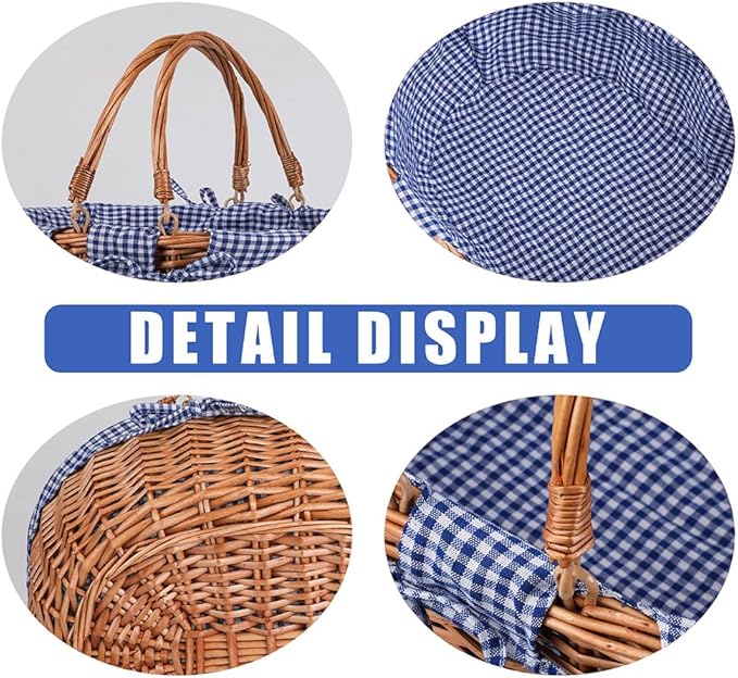 Large Wicker Picnic Basket with Handles,Handle Sturdy Woven Body with Removable and Washable Lining,Outdoor Camping,Gift Packing,Garden Picking, Storage.Blue