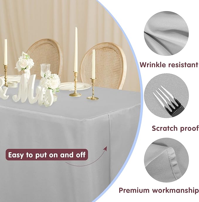 HolidayIdeas Fitted Silver Grey Tablecloths - 72 x 30 Inch - 2 Pack Rectangle Tableclothes for 6 Foot Tables, Polyester Fabric Table Cover for Folding Table, Parties, Wedding, Trade Show