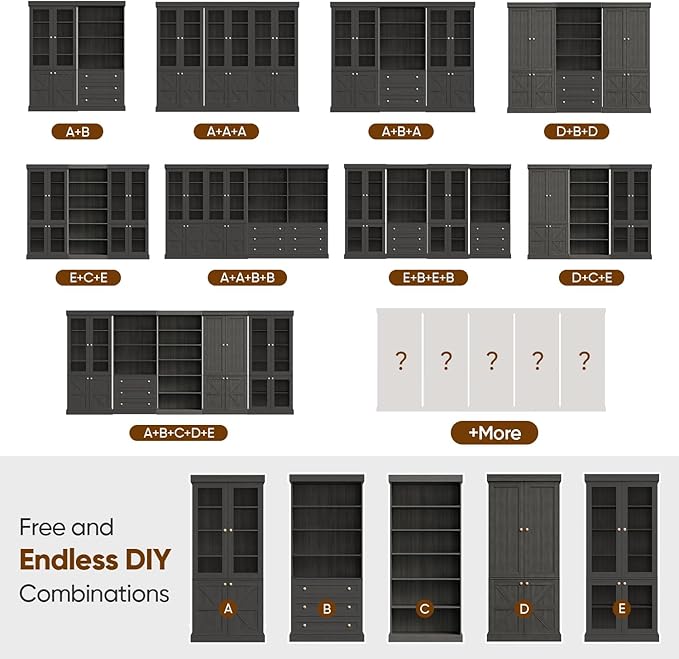 70.8" Tall Farmhouse Bookshelf, Modular Bookcase with Glass Doors, 6-Tier Adjustable Shelves, Large Storage Cabinet for Kitchen, Living Room, Black, Set of 2