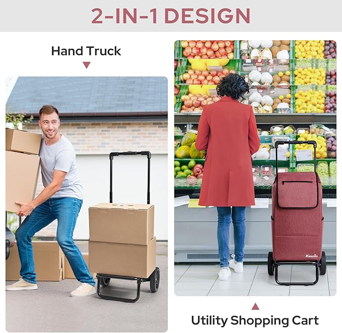KEDSUM 2 in 1 Shopping Cart for Groceries, 330 lbs Grocery Cart on Wheels, Foldable Utility Carts with Wheels, Load-Bearing Hand Truck with Waterproof Bag for Shopping, Camping, Laundry, Garden, Red