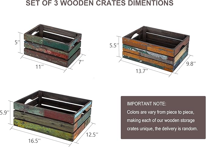 TIMRIS Set of 3 Rustic Distressed Wood Nesting Crates, Farmhouse Decorative Wooden Storage Boxes, Large Vintage Reclaimed Wood Baskets for Display (Random)