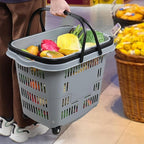 4 PCS Plastic Shopping Baskets with Wheels and Handles, 50 L Portable Rolling Shopping Basket Cart for Supermarkets and Retail Stores, Gray