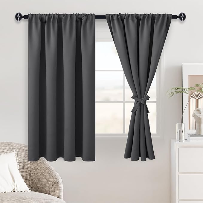 JIUZHEN Blackout Curtains for Bedroom– Thermal Insulated,Noise Reducing Room Darkening Privacy Drapes for Living Room, Set of 2 Panels with Tiebacks, 46 x 54 inch Long, Dark Grey