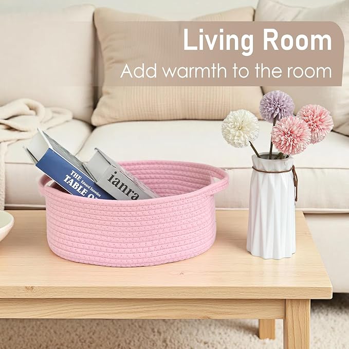 Woven Basket,Small Rope Storage Bin with Handles & Ribbon Bag, Organizer for Shelves Closets,Gift Basket Empty for Birthday,Books,Dog Toys, Pink/2 Pack