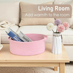 Woven Basket,Small Rope Storage Bin with Handles & Ribbon Bag, Organizer for Shelves Closets,Gift Basket Empty for Birthday,Books,Dog Toys, Pink