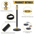 kaiyomi 8Pcs Stanchions with Black Velvet Ropes Set, 5 Feet Velvet Ropes and Posts Poles for Red Carpet Party Decoration and 360° Photo Booth (Golden & Black)