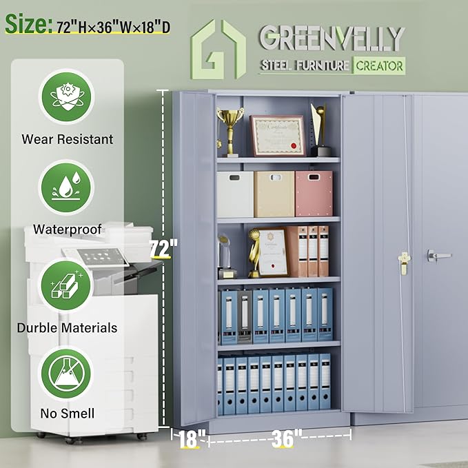 Greenvelly Metal Storage Cabinet, 72" Dark Gray Steel Garage Cabinet with Doors and Adjustable Shelves, Metal Cabinet with Lock,Garage Cabinets and Storage System for Garage,Home Office,School