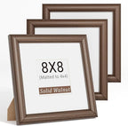 Natural Walnut 8x8 Picture Frames Mat to 4x4 Picture Display Set of 3,Original Wood Handcrafted 8x8 Wooden Photo Frame with Tempered Glass Graduation Family Wedding Pictures Tabletop & Wall Decor