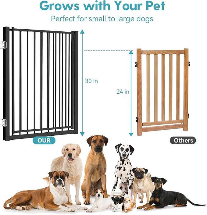 No Pawblems Free Standing Dog Gate with Door, 30'' Tall Foldable Dog Fence for Indoor & Outdoor, Up to 208 Inch Extra Wide Puppy Gate for Stairs, Hallways, Doorways, Deck, Yard (Black, 8 Panels)