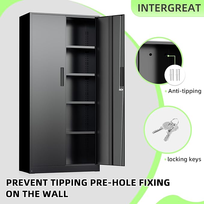 INTEGREAT Metal Storage Cabinet, 71" Black Office Metal Cabinet with Locking Doors and Adjustable Shelves, Steel Locking Cabinets for Office, Home, Garage, Gym, School