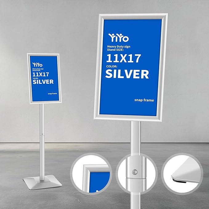YIYO Sign Stand Poster Stand，adjustable heavy duty pedestal Sign Holder Floor Stand，aluminium frame floor standing for display 11*17 inch，Silver (11*17 Silver)