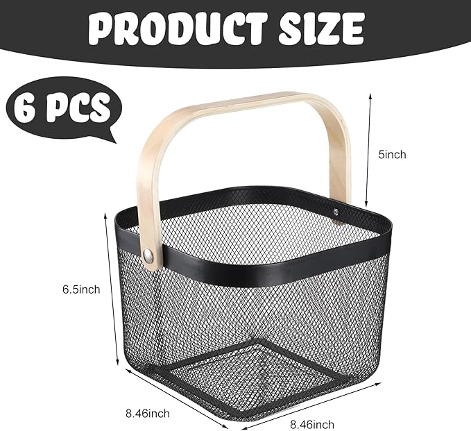 Roshtia 6 Pcs Metal Mesh Steel Basket with Handle, Square Wire Harvest Thanksgiving, Shopping Baskets for Retail Store Christmas Garden Bathroom Kitchen(8.46 x 8.46 x 6.5 Inch,Black)