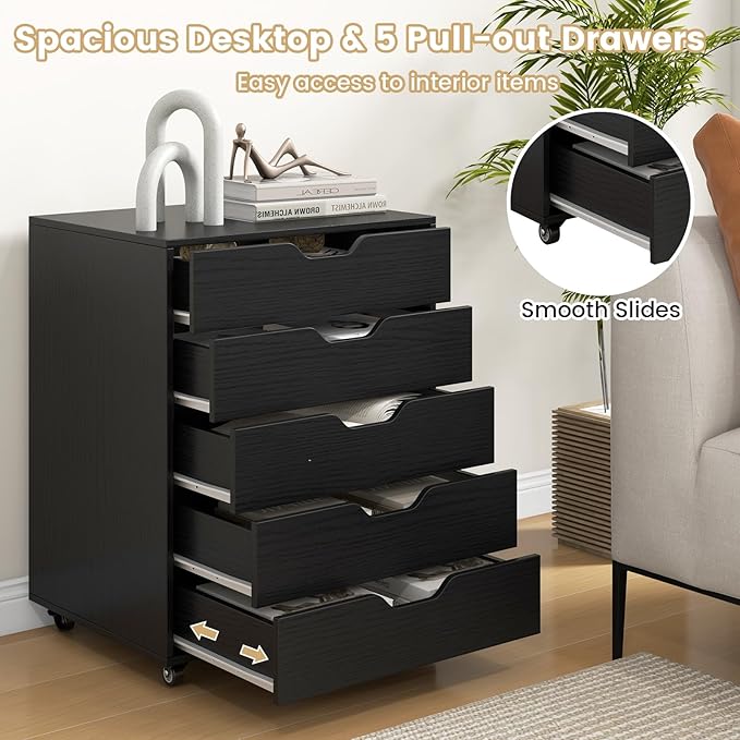 File Cabinet, Mobile Filing Cabinet w/Universal Wheels & 5 Drawers, Wood Printer Stand with Storage, Rolling File Cabinets for Home Office, Living Room, Bedroom (Black, 5 Drawers)