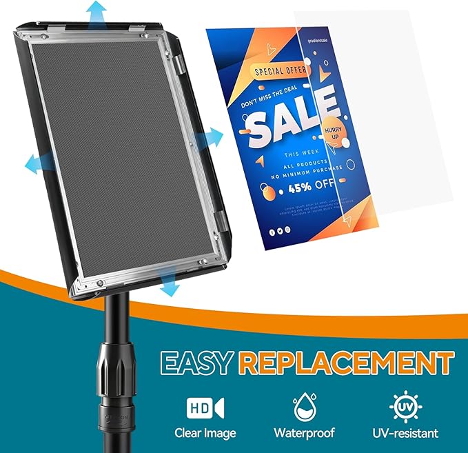 USCNC Sign Holder Stand 8.5x11 inch - Adjustable Floor Standing Sign Holder -Snap open frame,360° Rotation for Malls,Schools,Restaurants (Black 2 Pack)