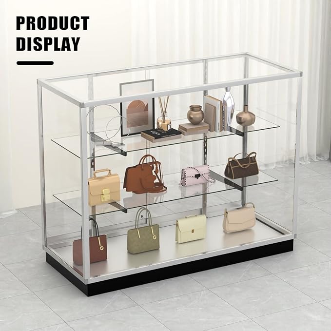 48”D * 20”W * 38”H - Freestanding Retail LED Full Vision Glass Display Case, Black Aluminum Frame, Two Adjustable Height Tempered Glass Shelves