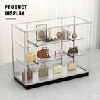 48”D * 20”W * 38”H - Freestanding Retail LED Full Vision Glass Display Case, Black Aluminum Frame, Two Adjustable Height Tempered Glass Shelves