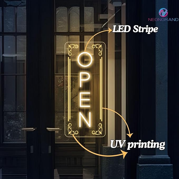 Vertical LED Open Signs for business – Super Bright - UV Printing Pattern, Remote Included - Large Size 10x24'' - Neon Open Sign for Café, Bar, Shop & Business Sign - Warm White