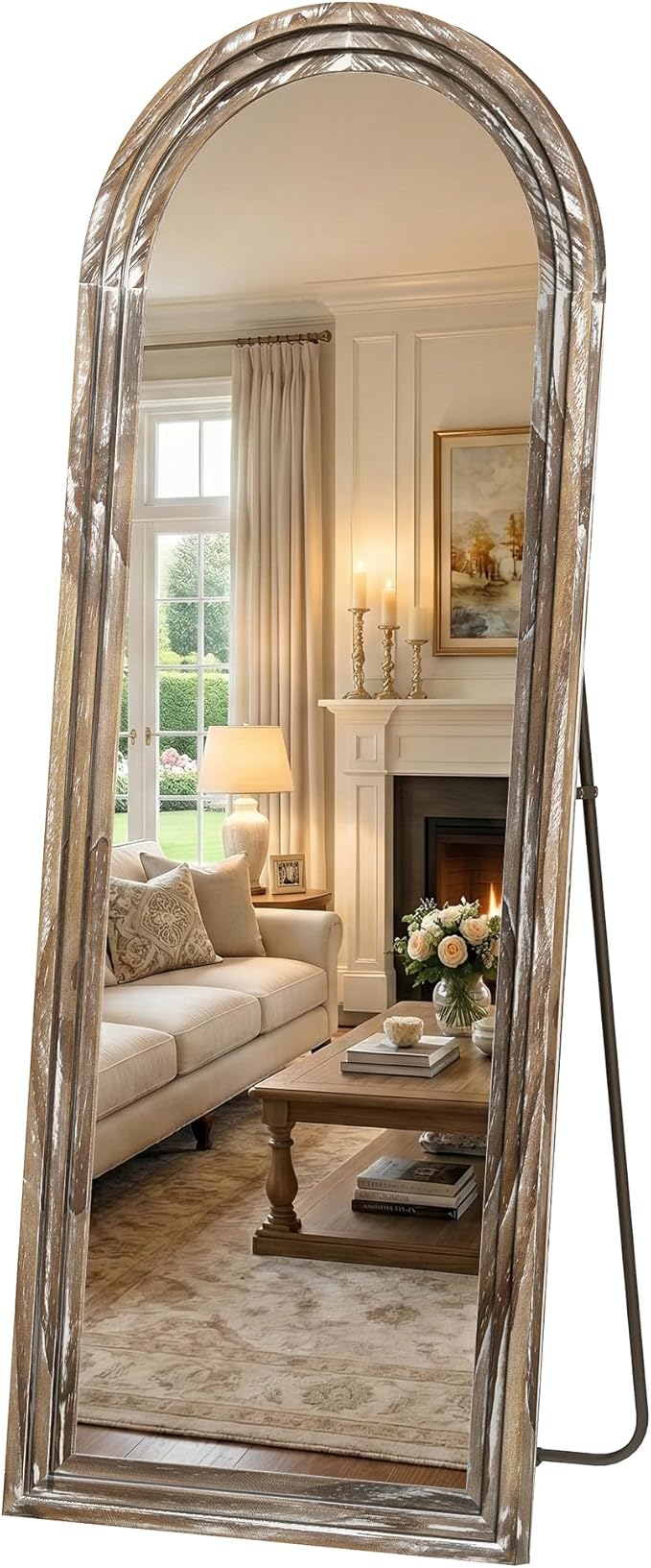 Arched Full Length Floor Mirror 63"x21", Triple-Layer Solid Wood Frame, Rustic White Farmhouse Full Body Mirror with Stand for Bedroom, Living Room, Entryway & Hallway Home Decor