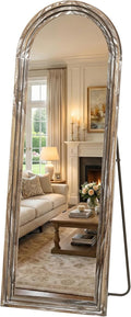 Arched Full Length Floor Mirror 63"x21", Triple-Layer Solid Wood Frame, Rustic White Farmhouse Full Body Mirror with Stand for Bedroom, Living Room, Entryway & Hallway Home Decor