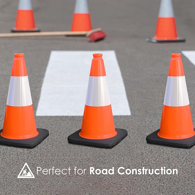 6 Pack 18" Inch Orange PVC Traffic Cones with Heavy-Duty Base, High-Visibility All-Weather Safety Cones for Road Construction, Parking Lot, and Garage Use (6, Orange, 18" Medium)