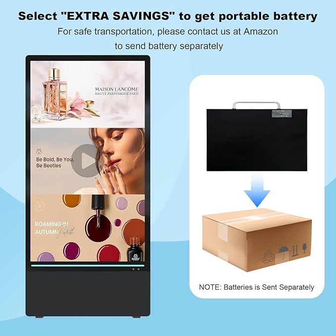 43 inch Rechargeable Portable Outdoor Digital Signage Displays, 2K FHD, IP65 Waterproof, Smart LCD Split Screen, Brightness Auto-Adjustment Movable Advertising Kiosk with Android OS