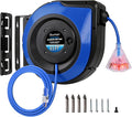 65Ft Heavy Duty Cord Reel, Retractable Extension Cord, 12AWG/3C SJTOW, Lighted Triple Tap Outlets 15A Circuit Breaker, Wall/Ceiling Mounted, Adjustable Stopper UL Listed Blue